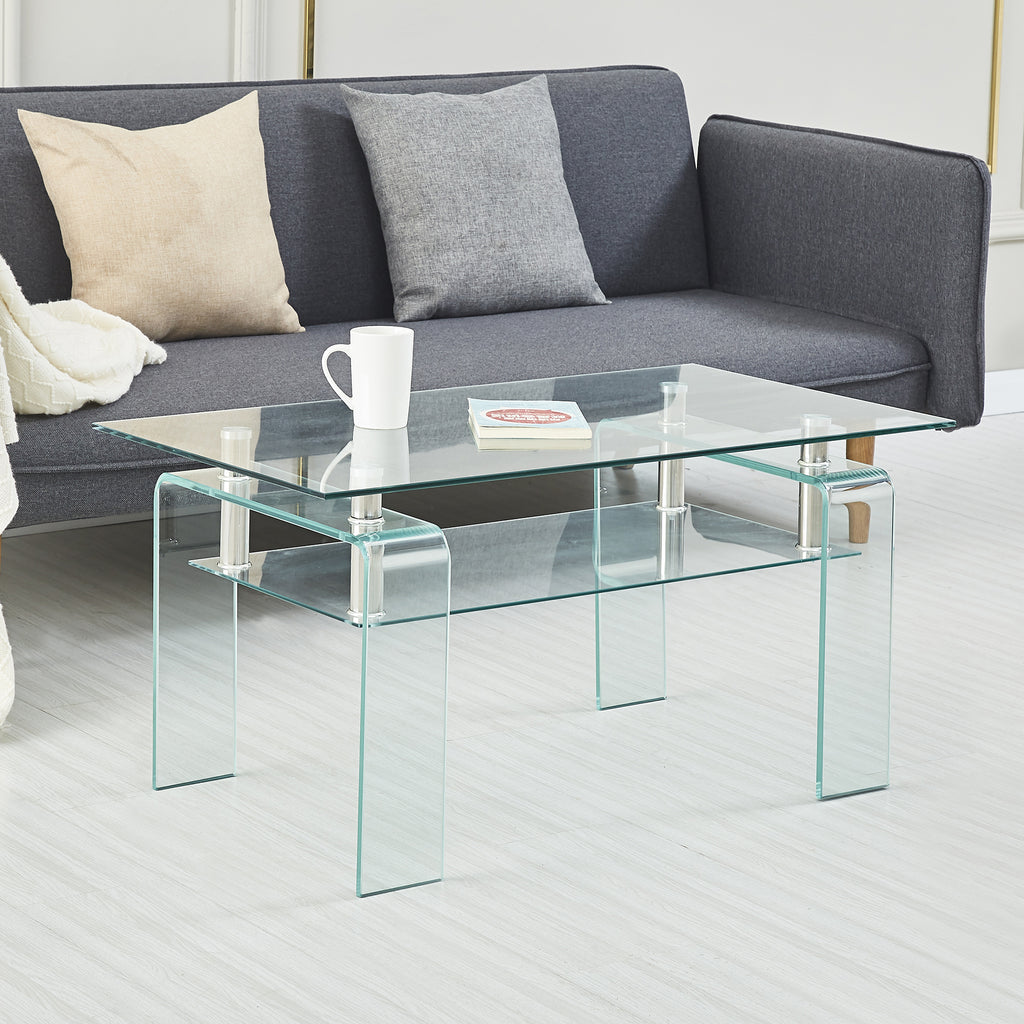 Leoglint Rectangle Clear Glass Coffee Table, Modern Glass Coffee Table for Living Room, 2-Tier Storage Center Coffee Table,Tempered Glass Tea Table