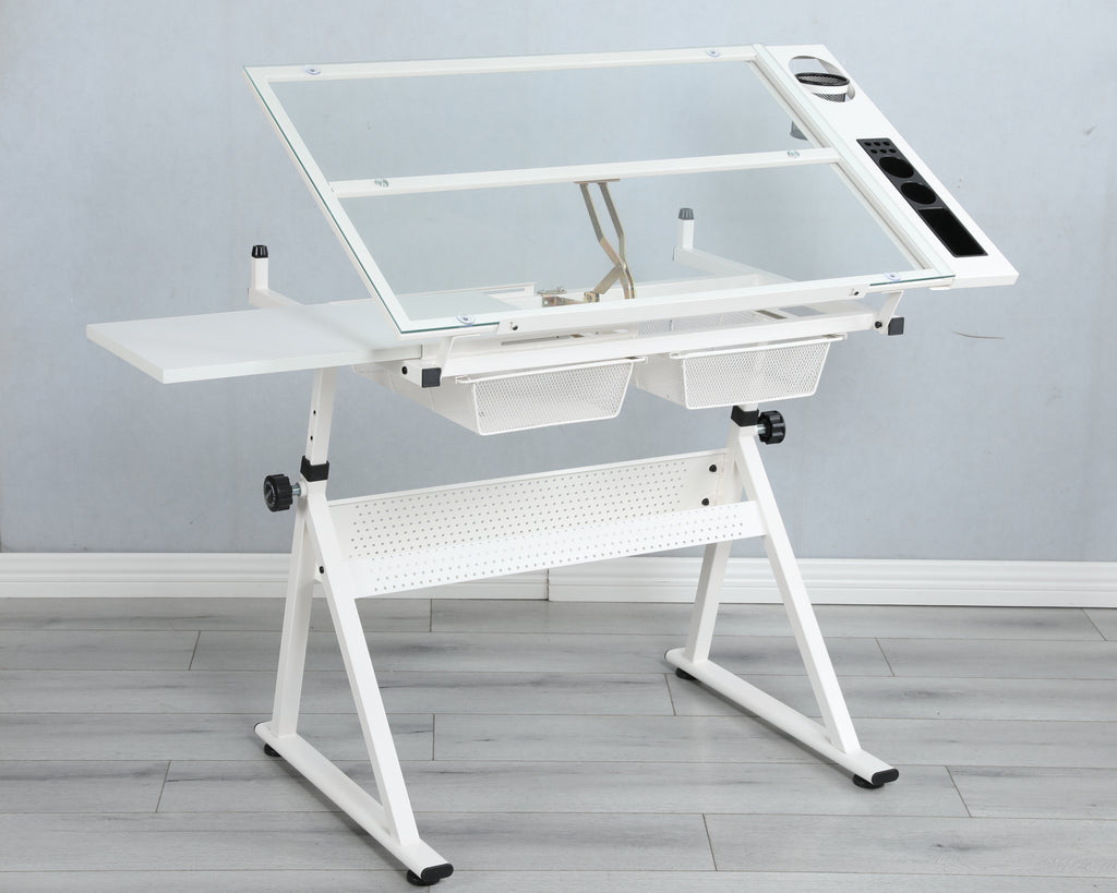 Leoglint WHITE Office desk adjustable tempered glass drafting printing table with chair