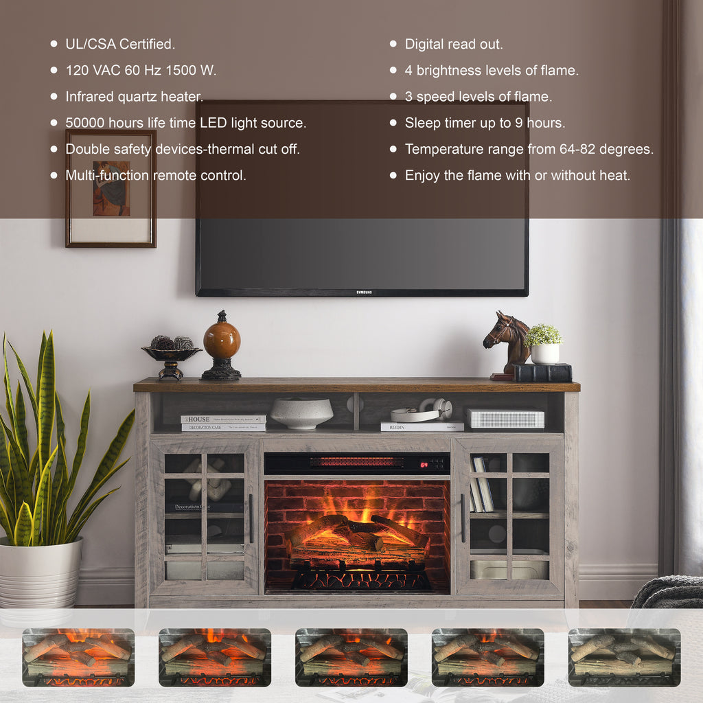 Leoglint 55 inch TV Stand with Electric Fireplace KD Inserts Heater,Gray Wash Color