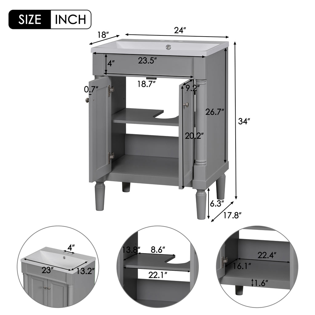 Leoglint 24'' Bathroom Vanity with Top Sink, 2-Tier Modern Bathroom Storage Cabinet, Single Sink Bathroom Vanity, Large Storage Shelves