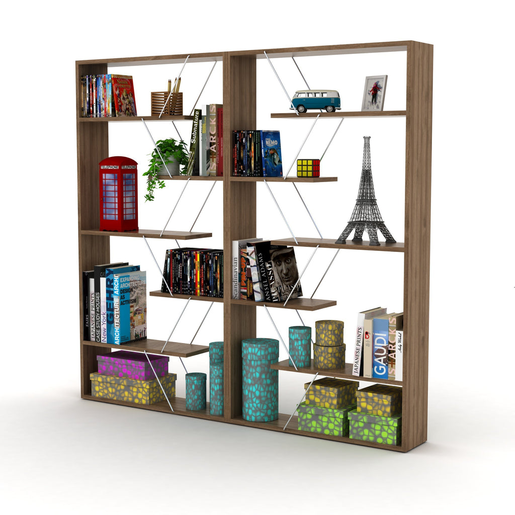 Leoglint Furnish Home Store Wood Frame Etagere Open Back 6 Shelves Bookcase Industrial Bookshelf for Office and Living Rooms Modern Bookcases Large Bookshelf Organizer, Walnut/Chrome