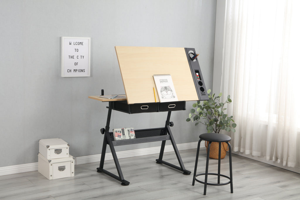 Leoglint adjustable drawing drafting table Office desk with 2 drawers for home office and school with stool(wood)