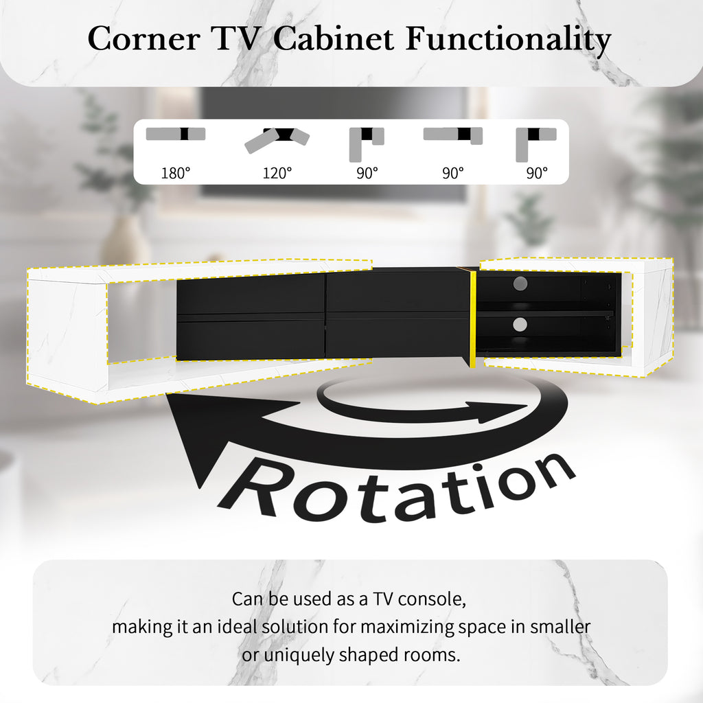 Leoglint U-Can 51''-98.4'' Modern Extendable TV Stand for TVs up to 90 Inches, Entertainment Center Media Console Corner Console with 2 Drawers and 4 Shelves for Living room, White & Black