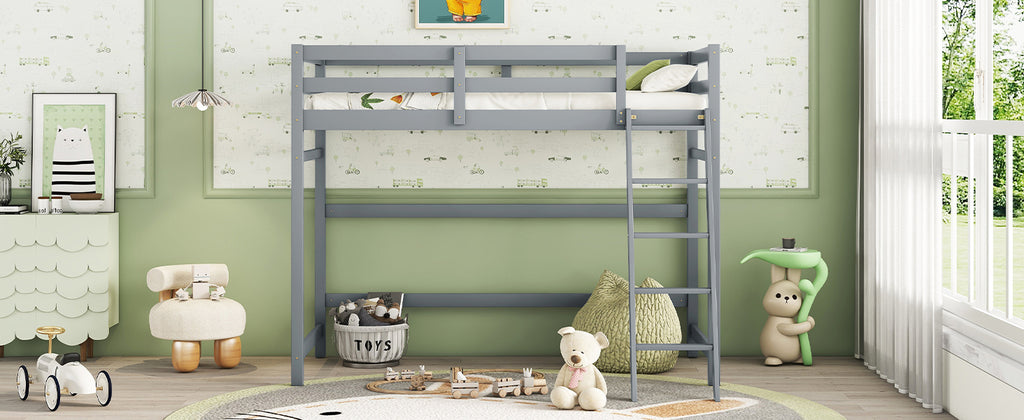 Leoglint Twin Size High Loft Bed Frame with inclined Ladder, Guardrails,Grey