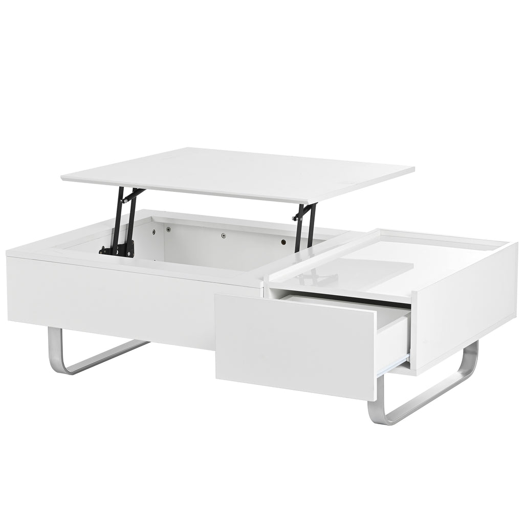 Leoglint [VIDEO provided] ON-TREND Multi-functional Coffee Table with Lifted Tabletop, Contemporary Cocktail Table with Metal Frame Legs, High-gloss Surface Dining Table for Living Room, White