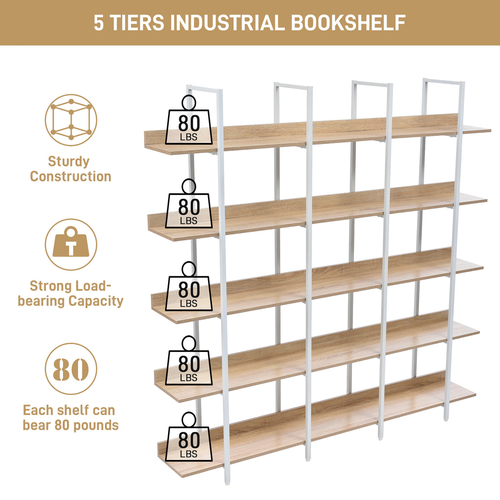 Leoglint 5 Tier Bookcase Home Office Open Bookshelf, Vintage Industrial Style Shelf, MDF Board, White Metal Frame, Oak