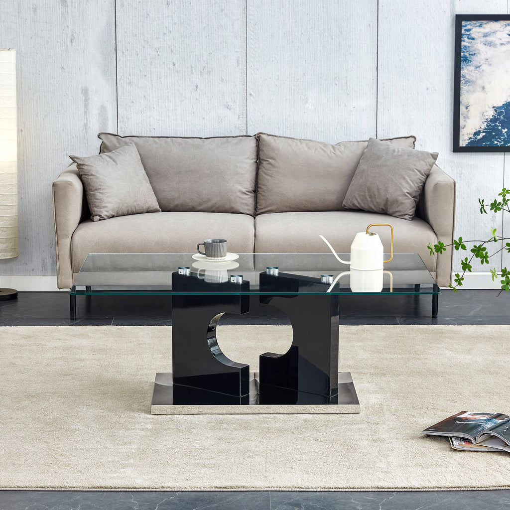 Leoglint A rectangular modern and fashionable coffee table with tempered glass tabletop and black MDF legs. Suitable for living room.47.2"*25.5"*18"