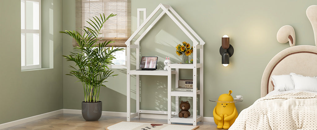 Leoglint House-shaped Wooden writing Desk,Kids study Table,Bookshelf & Toy Storage,White