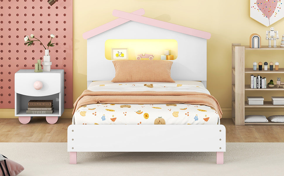 Leoglint Twin Size Wood Platform Bed Frame with House-shaped Headboard and Motion Activated Night Lights (White+Pink)