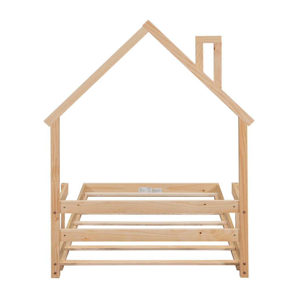 Leoglint Twin House-Shaped Headboard Floor Bed Frame with Handrails ,slats ,Natural