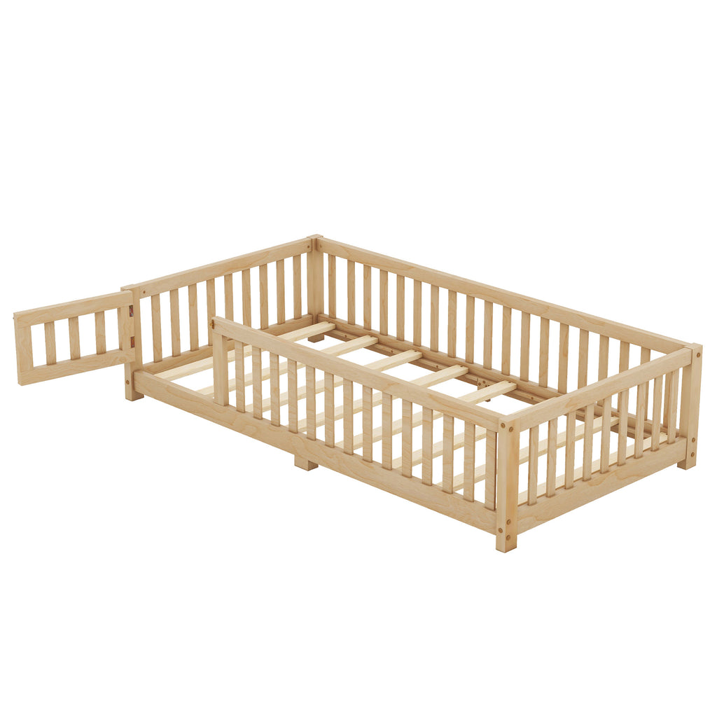 Leoglint Twin Size Bed Floor Bed Frame with Safety Guardrails and Door for Kids, Natural(Old SKU: W158090686)