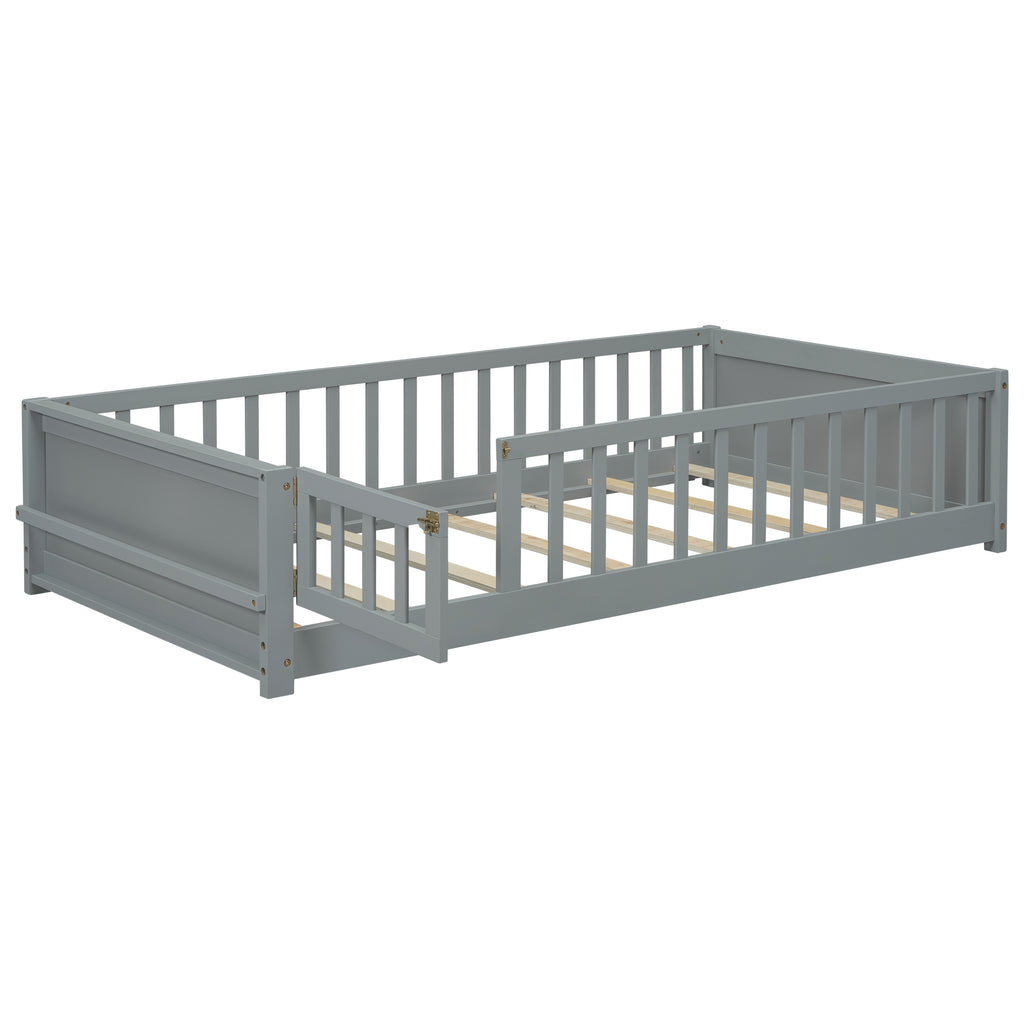 Leoglint Twin size Floor Platform Bed Frame with Built-in Book Storage Rack, Door,Grey