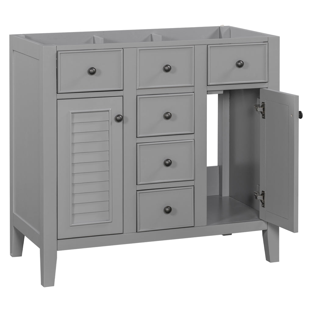 Leoglint 36" Bathroom Vanity without Sink, Cabinet Base Only, Two Cabinets and Five Drawers, Solid Wood Frame, Grey