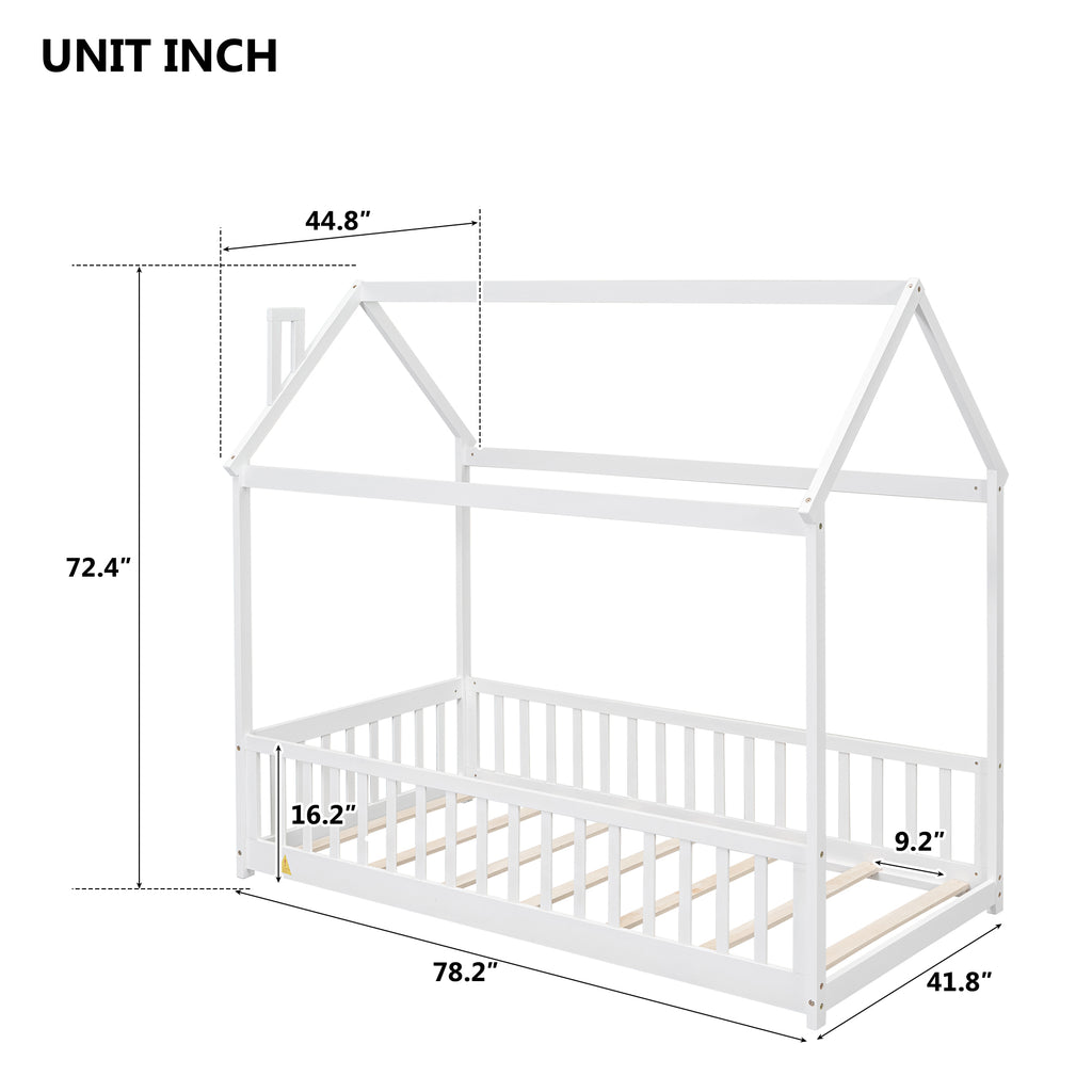 Twin House Bed Frame with Guardrails, Slats ,White