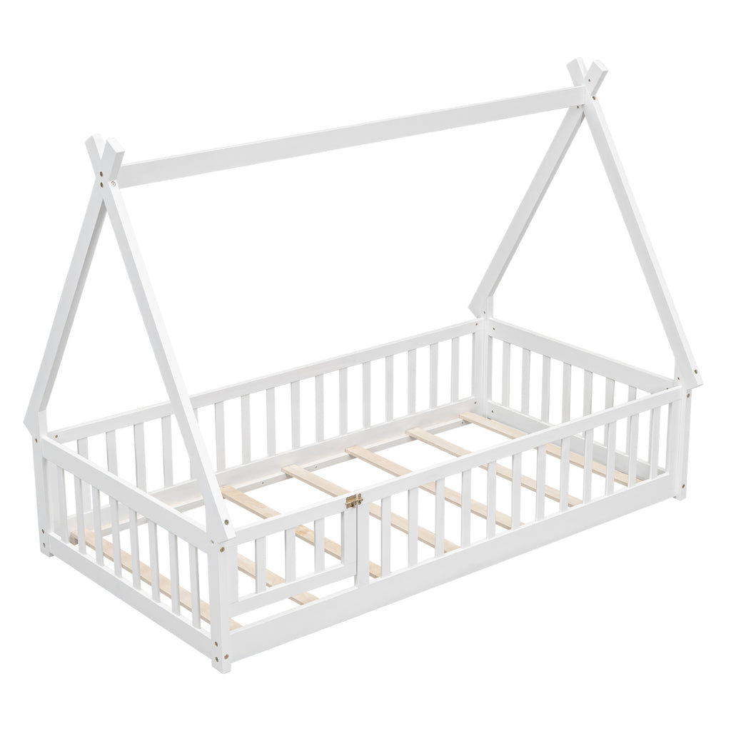 Leoglint Twin Tent-shaped Floor Bed Frame, with Guardrails, Slats, Door ,White