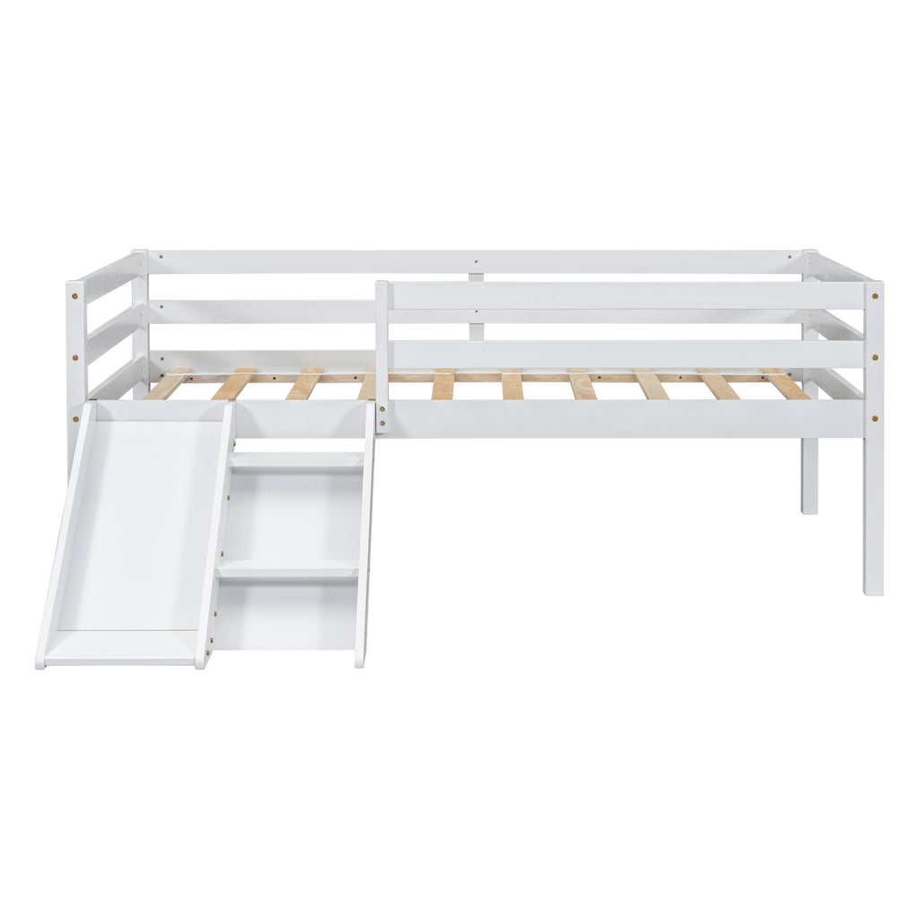 Twin Low Loft Bed Frame with Slide,  Ladder, Safety Guardrails, No Box Spring Needed,White