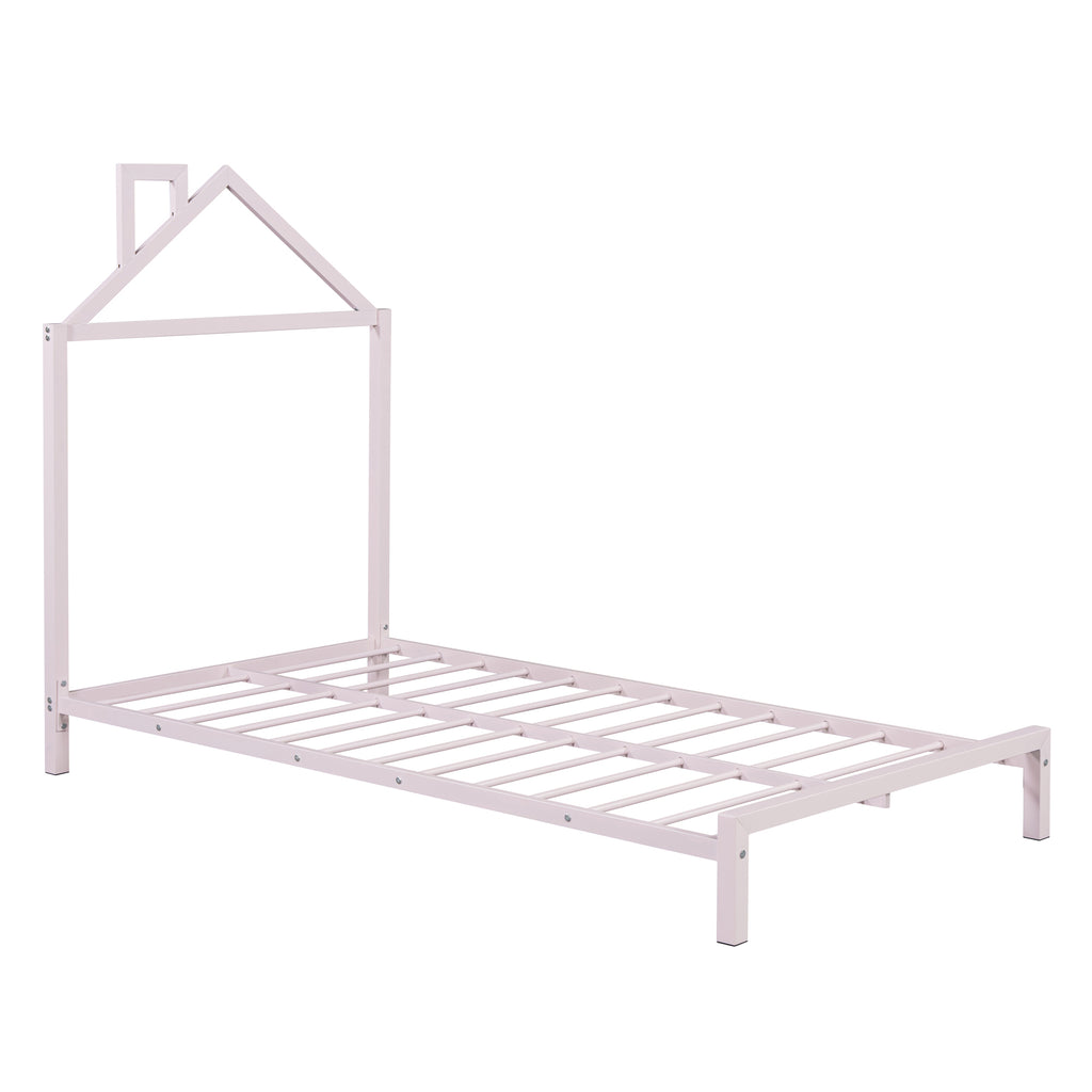 Leoglint Twin Size Metal Platform Bed Frame with House-Shaped Headboard Design, Pink