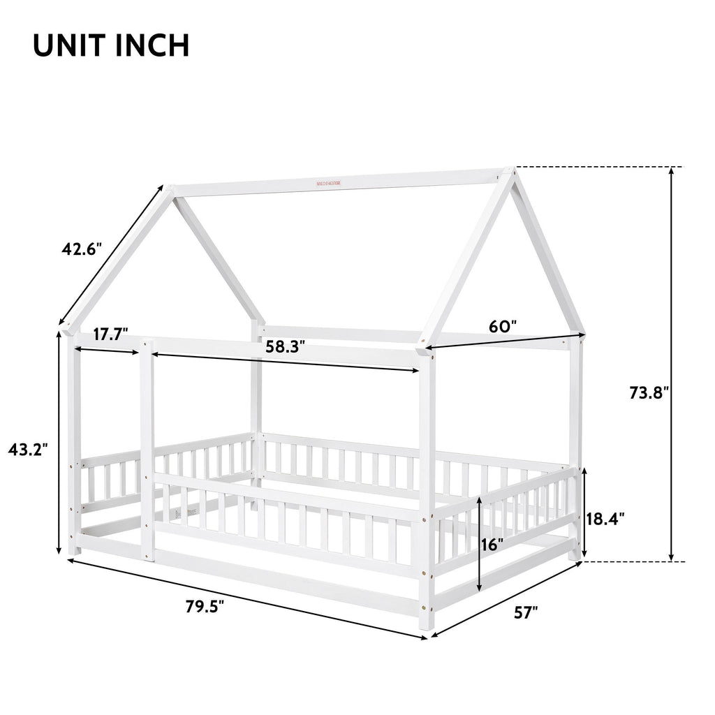 Leoglint Bed Frame Full Size Floor Wooden Bed with House Roof Frame, Fence Guardrails ,White