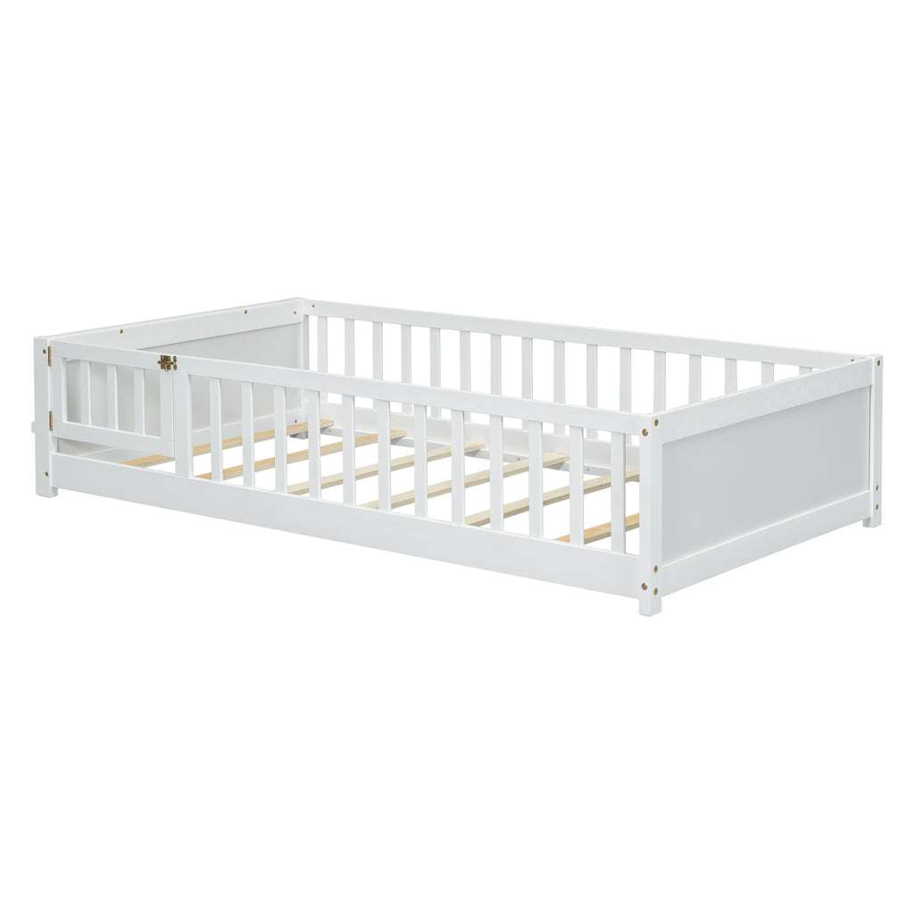 Leoglint Twin size Floor Platform Bed Frame with Built-in Book Storage Rack, Door,White