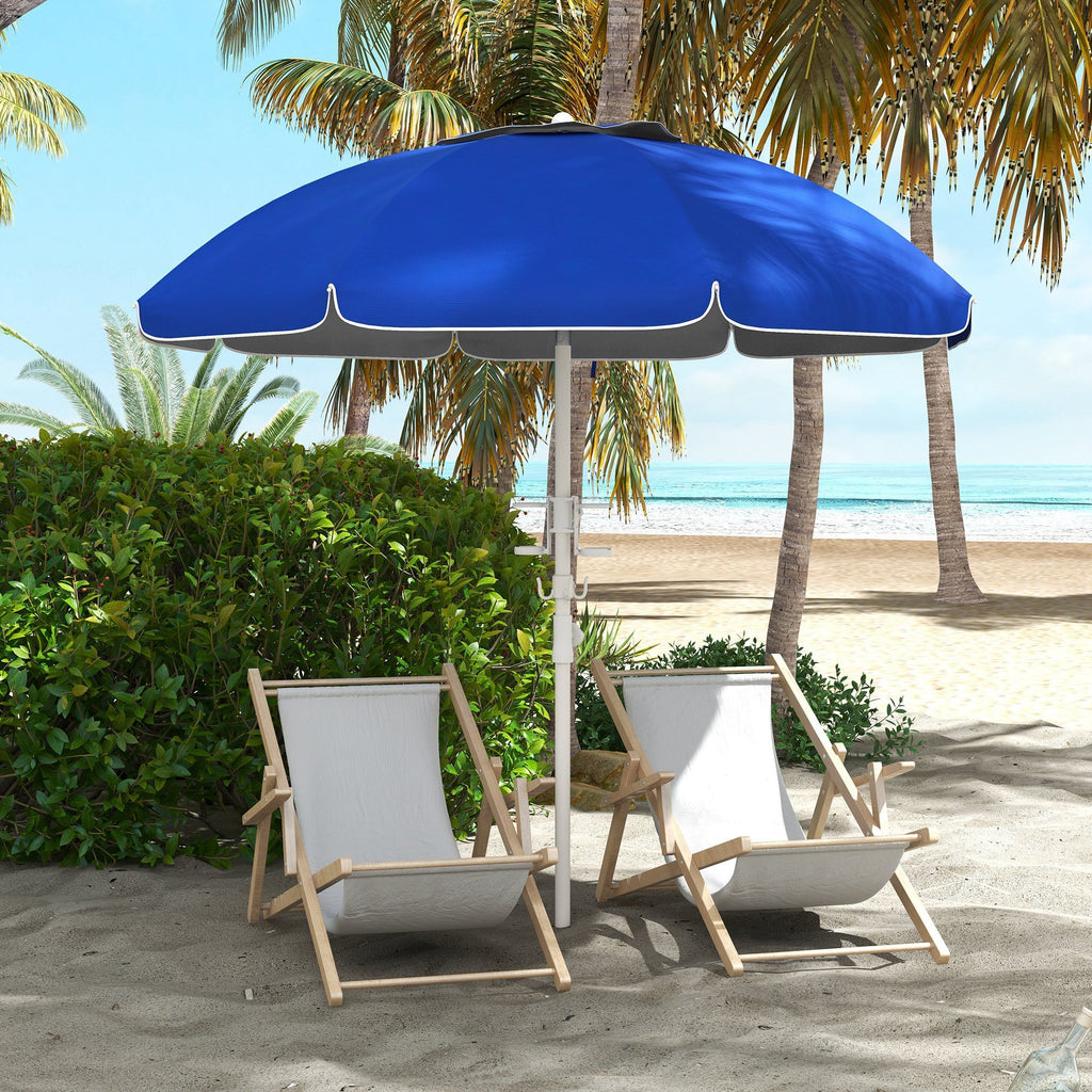 Leoglint 5.7' Portable Beach Umbrella with Tilt, Adjustable Height, 2 Cup Holders & Hooks, UV 40+ Ruffled Outdoor Umbrella with Vented Canopy, Blue