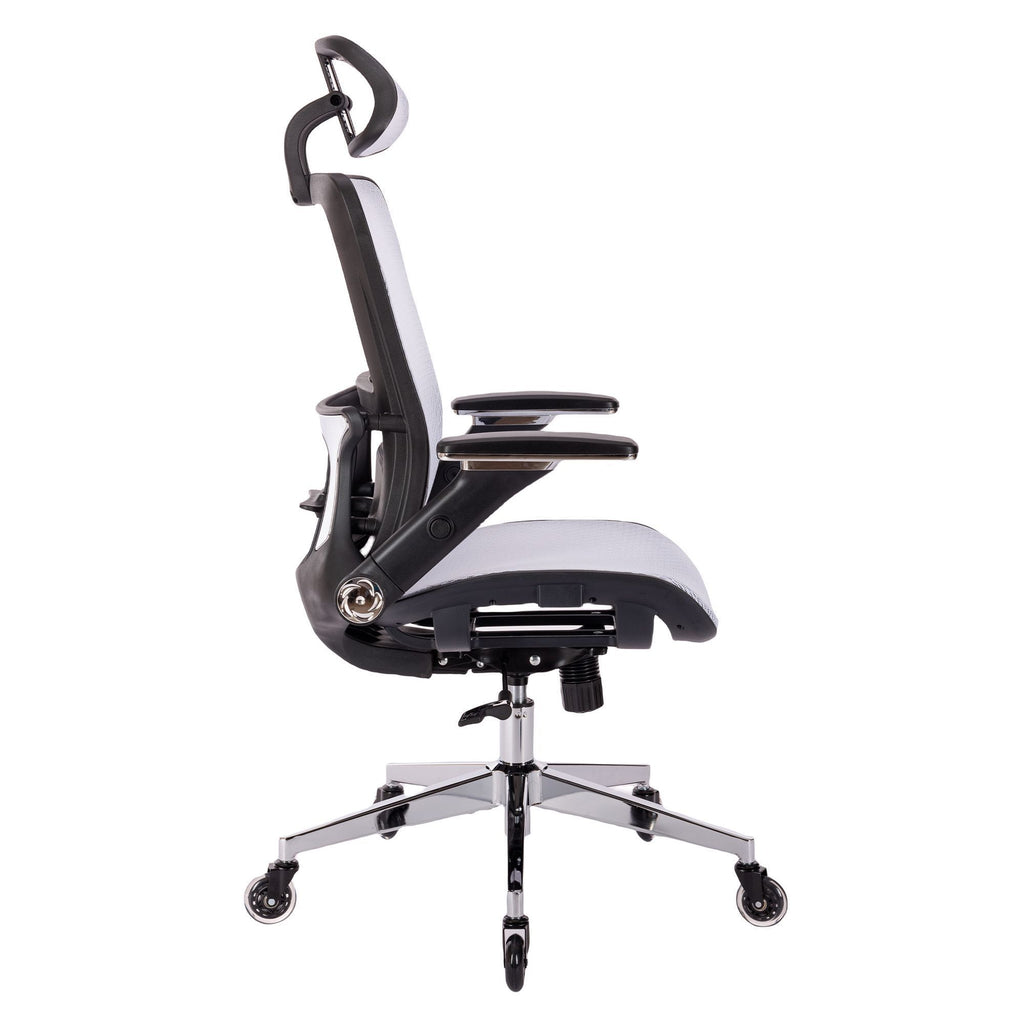 Leoglint WHITE Ergonomic Mesh Office Chair, High Back - Adjustable Headrest with Flip-Up Arms, Tilt and lock Function, Lumbar Support and blade Wheels, KD chrome metal legs