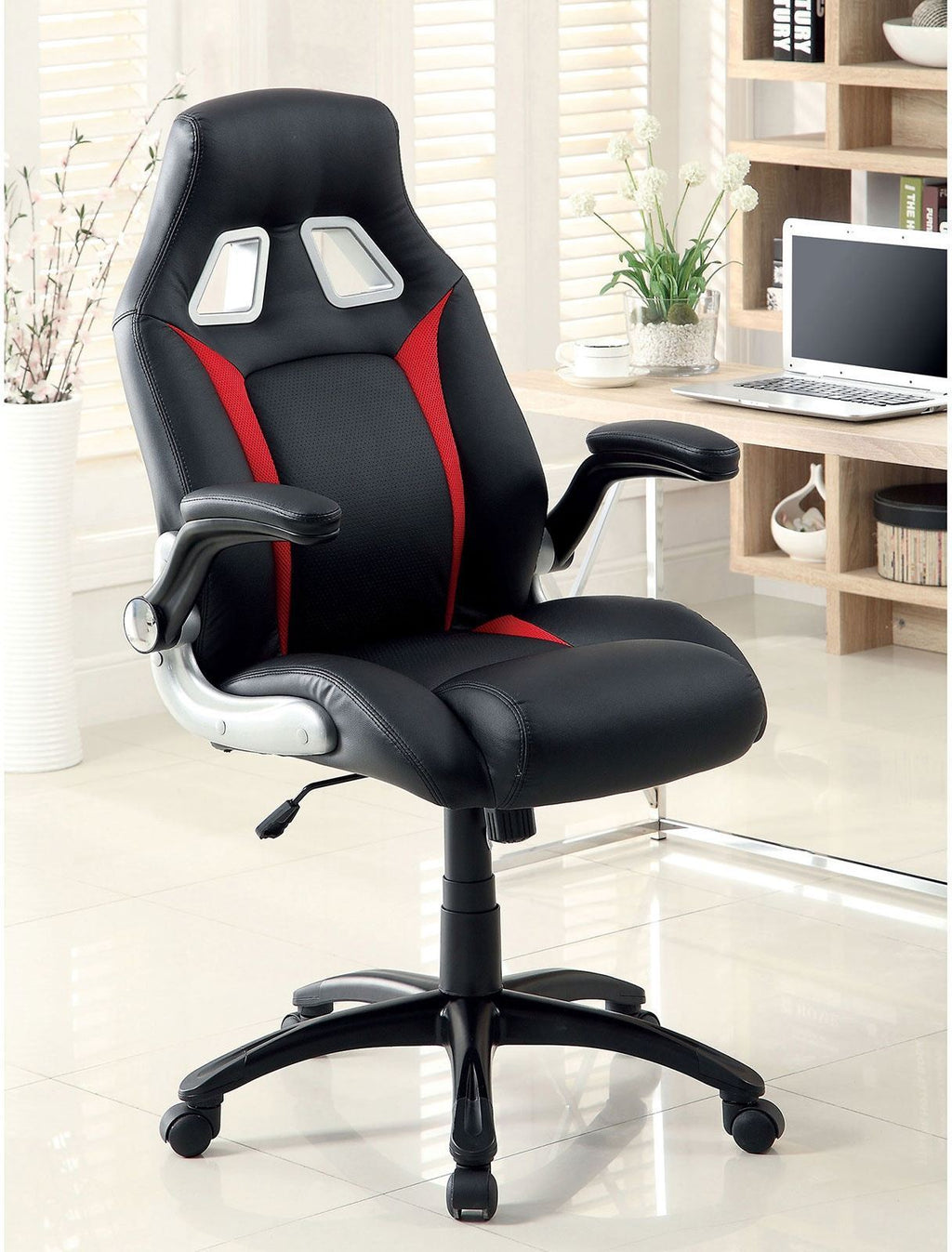 Leoglint Stylish Office Chair Upholstered 1pc Comfort Adjustable Chair Relax Gaming Office Chair Work Black And Red Color Padded Armrests