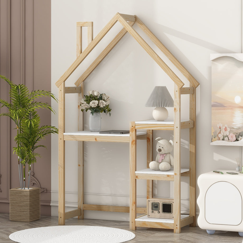 Leoglint House-shaped Wooden writing Desk,Kids study Table,Bookshelf & Toy Storage,Natural