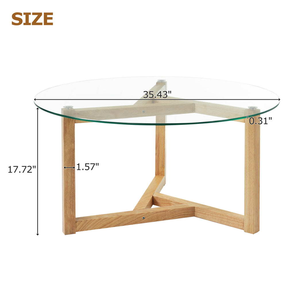 Leoglint [New Picture] ON-TREND Round Glass Coffee Table Modern Cocktail Table Easy Assembly with Tempered Glass Top & Sturdy Wood Base, Natural (OLD SKU: WF190112AAL)