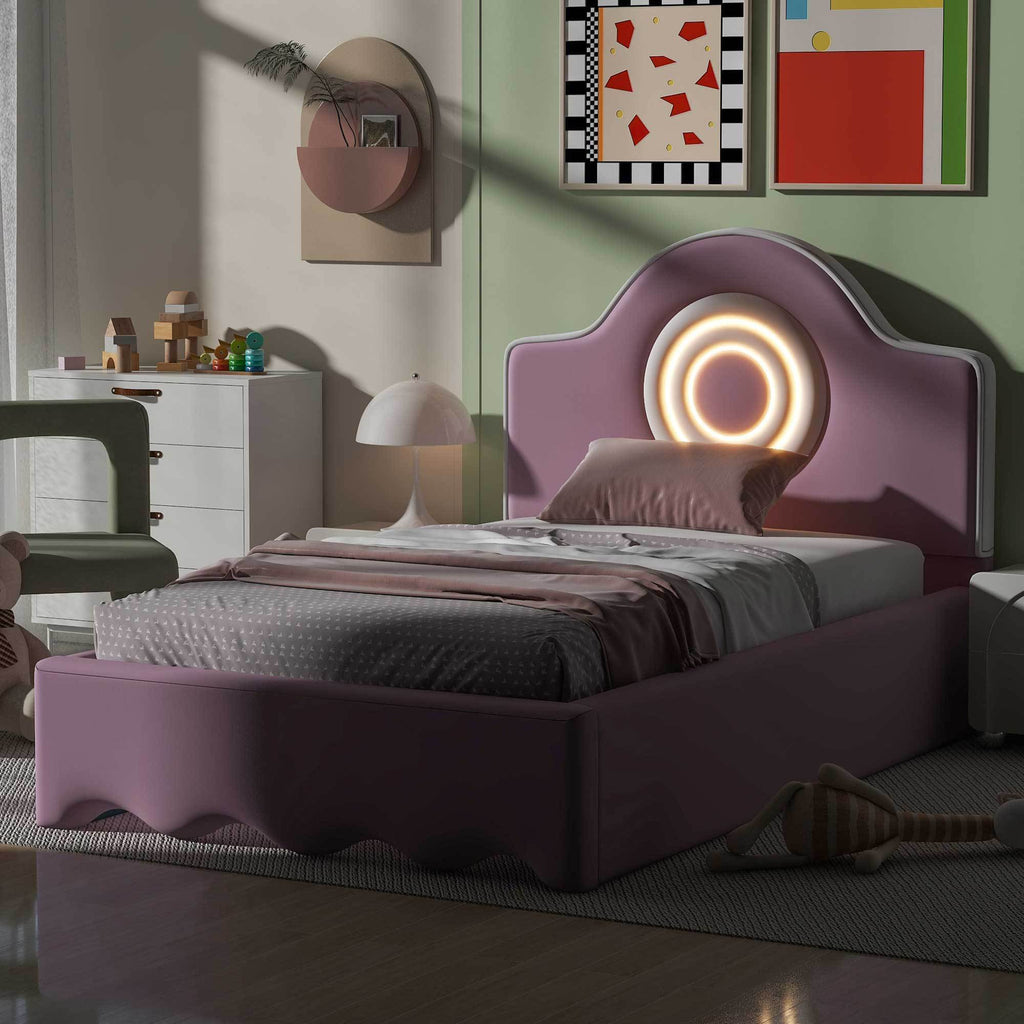 Leoglint Twin Size Upholstered Platform Bed Frame with LED Headboard, Pink