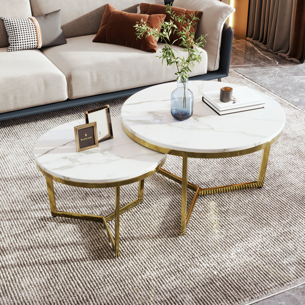 Leoglint Modern Round Nesting Coffee Table Set 2-Piece White & Marbling Top Gold Base