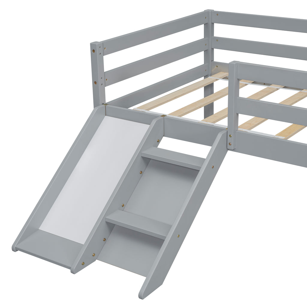 Twin Low Loft Bed Frame with Slide,  Ladder, Safety Guardrails, No Box Spring Needed,Grey