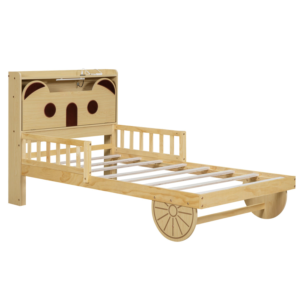 Leoglint Twin Size Car Bed Frame with Bear-Shaped Headboard, USB and LED, Natural