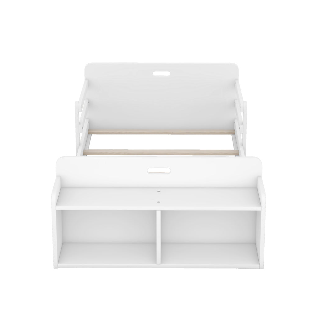 Leoglint Twin Size Floor Bed Frame with Storage Footboard and Guardrail, White