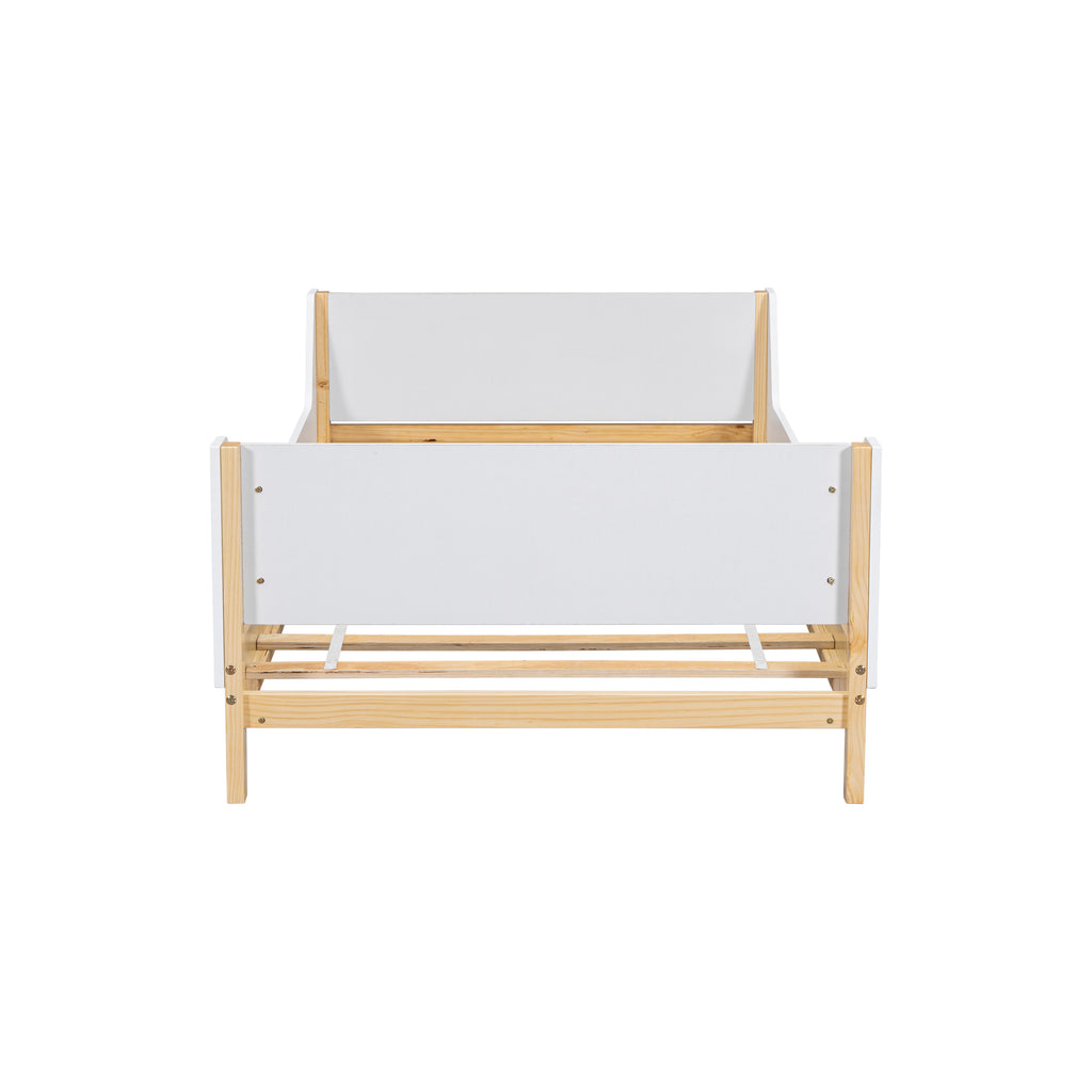 Twin Bed Frame with Headboard, Footboard, Safeguards,  Built-in Bed-end Book Storage Rack ,White