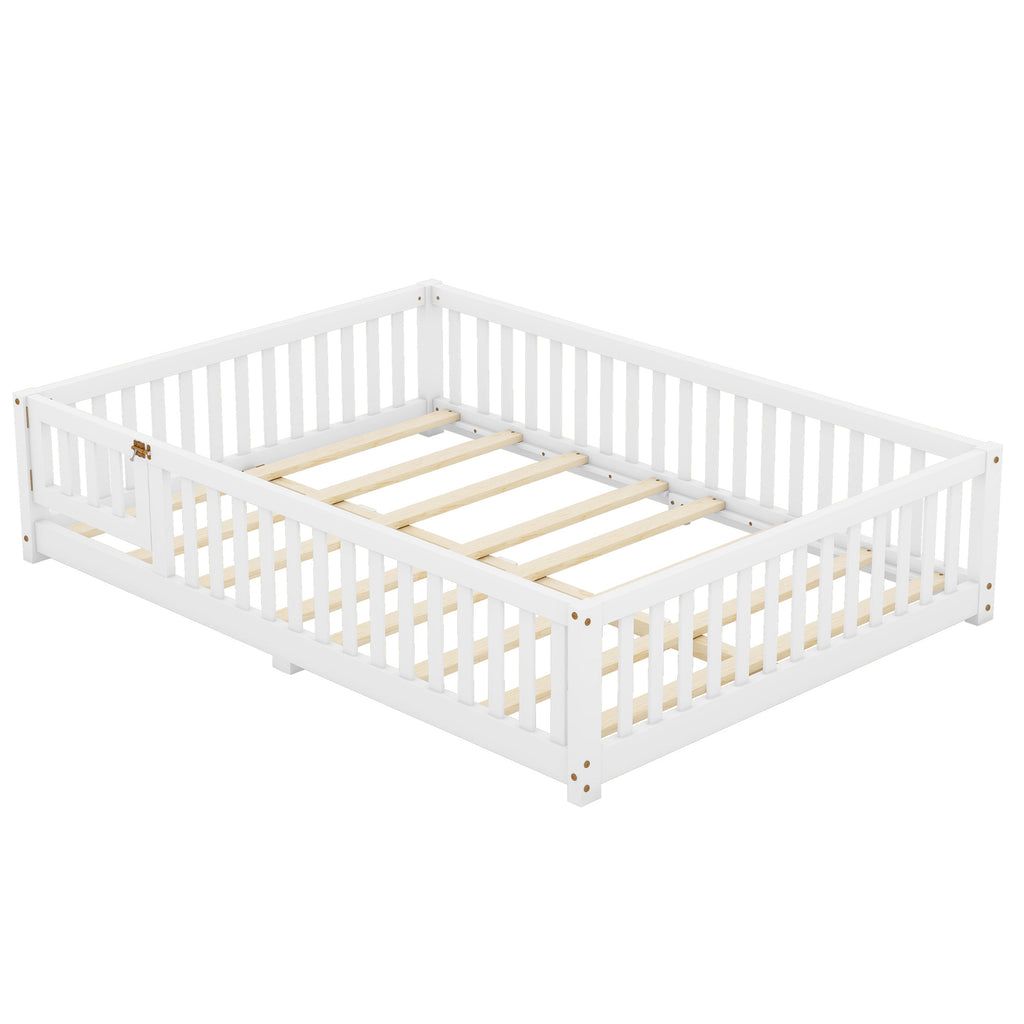 Leoglint Full Size Bed Floor Bed Frame with Safety Guardrails and Door for Kids, White(Old SKU: W158090689)