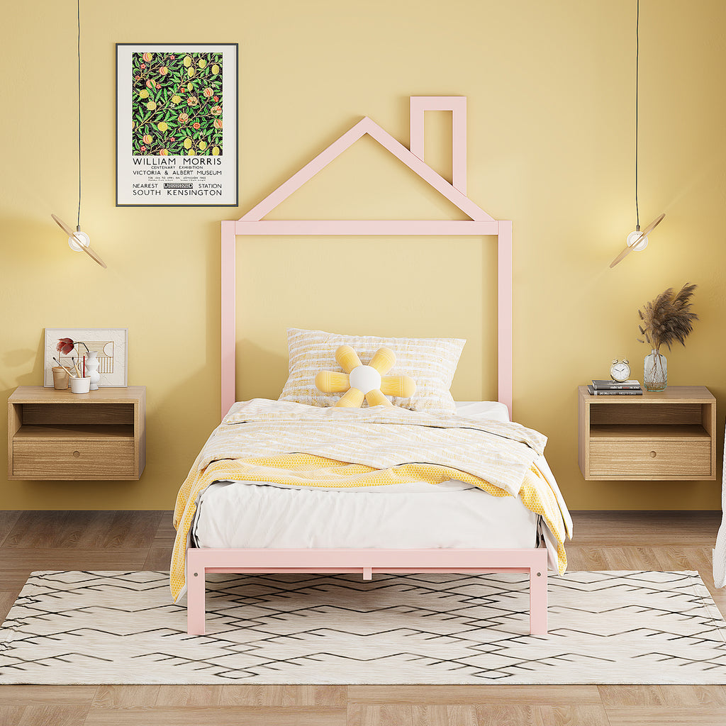 Leoglint Twin Size Metal Platform Bed Frame with House-Shaped Headboard Design, Pink