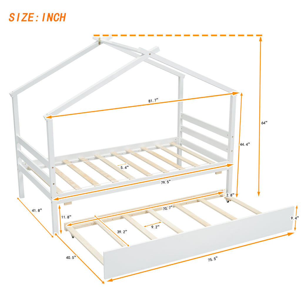 Leoglint Twin Size  House-shaped Bed Frame with Trundle,White