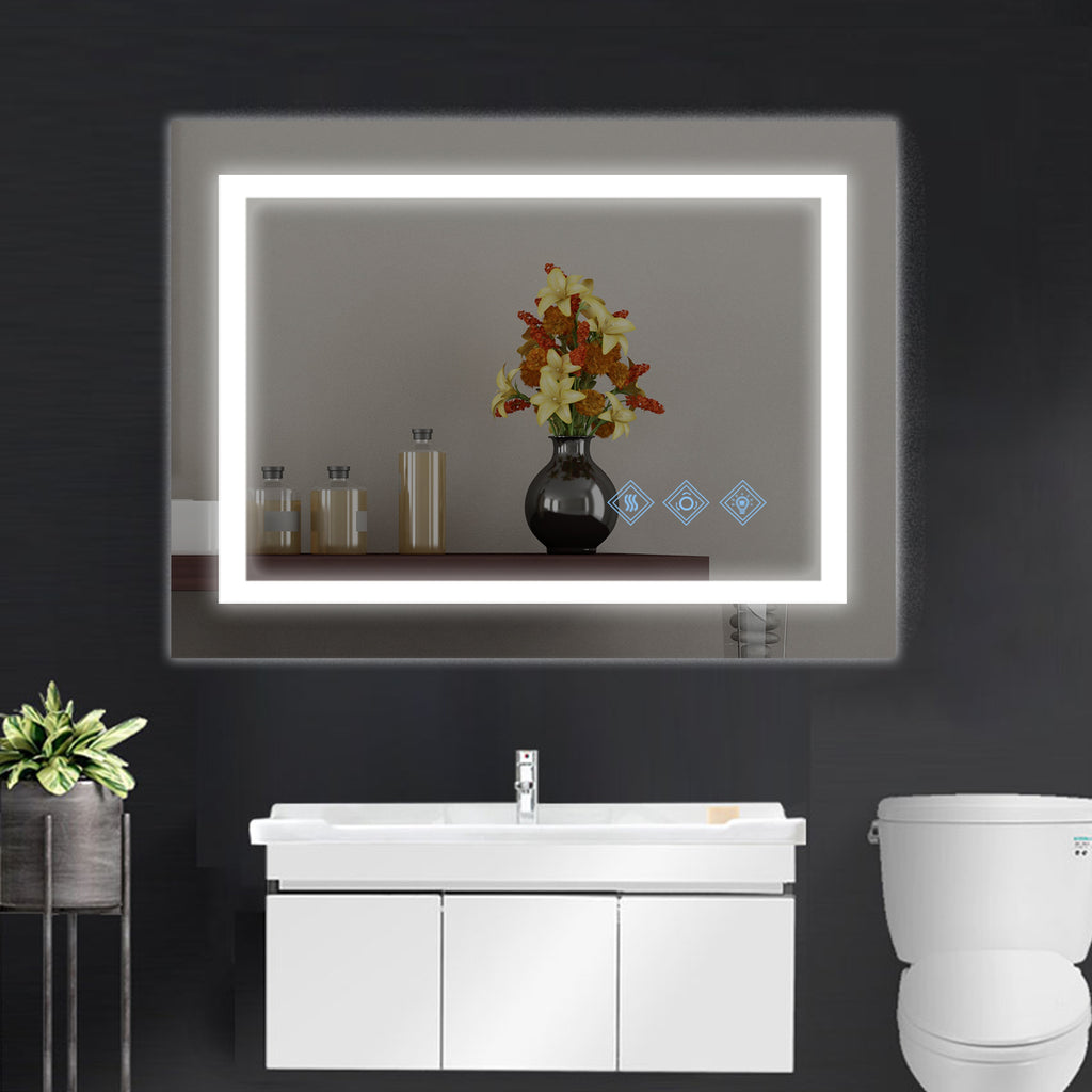 Leoglint 32x24inch Glossy Brushed Silver 3000-6000K LED Bathroom Mirror With Lights,Anti-Fog Dimmable Lighted Wall Mounted Vanity Mirror Master Bath Modern Makeup(Only mirrors, not cabinets)Horizontal&Vertical