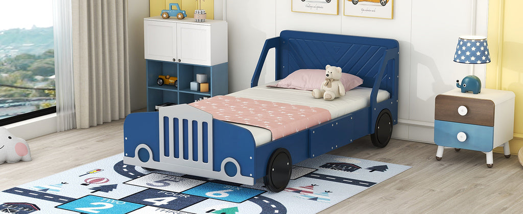 Leoglint Twin Size Car-Shaped Platform Bed Frame with Wheels,Blue