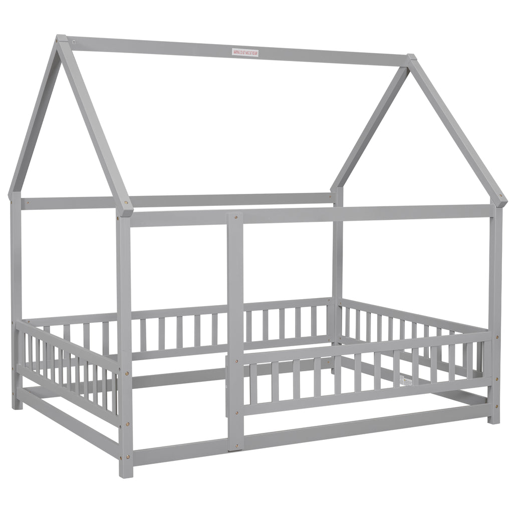 Leoglint Bed Frame Full Size Floor Wooden Bed with House Roof Frame, Fence Guardrails ,Grey