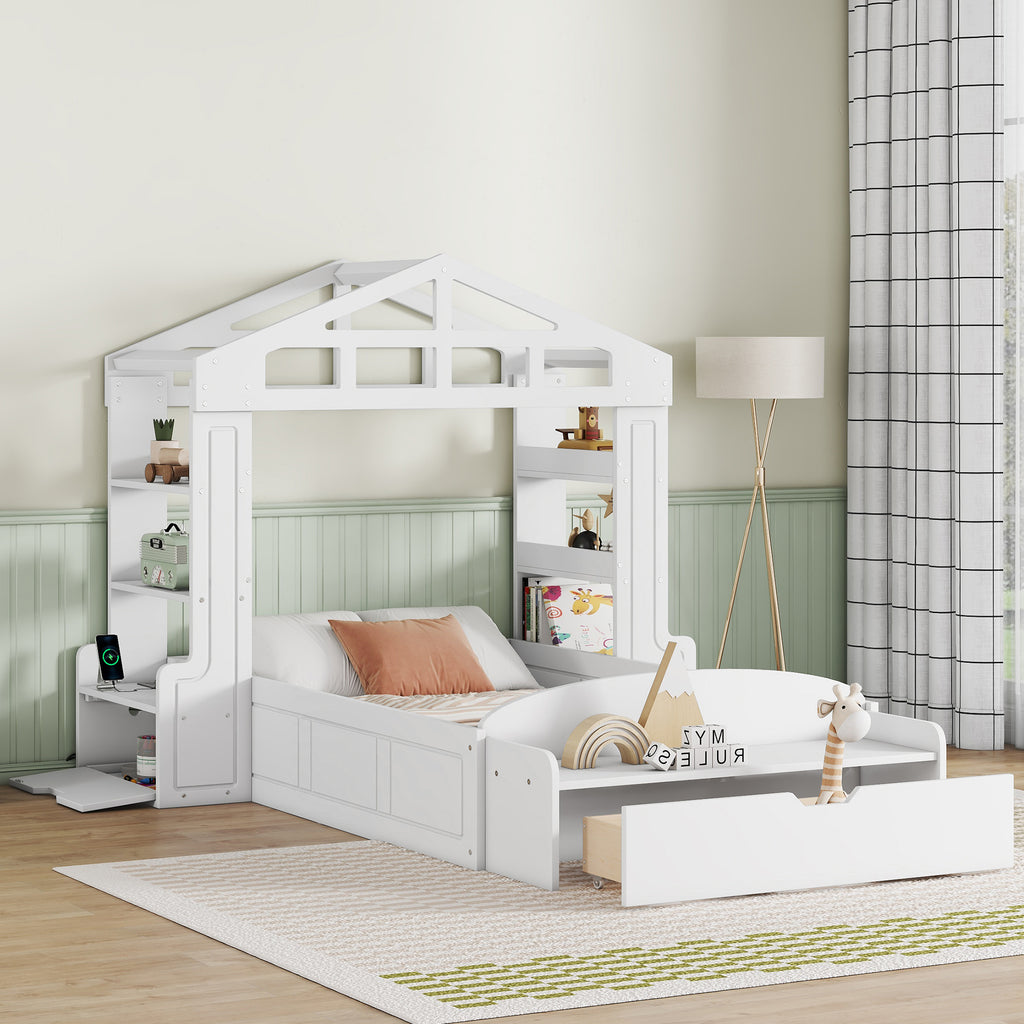 Leoglint Twin Size House Bed Frame with Bench, Socket and Shelves, White