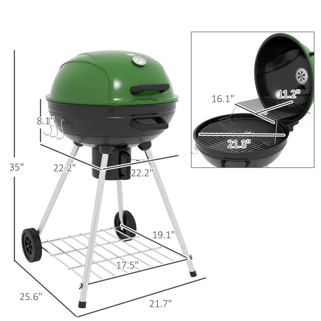 Leoglint 21" Kettle Charcoal BBQ Grill Trolley with 360 sq.in. Cooking Area, Outdoor Barbecue with Shelf, Wheels, Ash Catcher and Built-in Thermometer for Patio, Backyard Party, Green