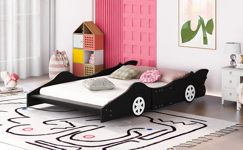 Leoglint Full Size Race Car-Shaped Platform Bed Frame with Wheels,Black