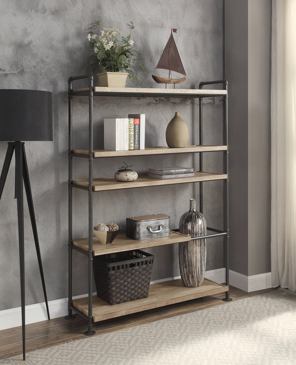 Leoglint ACME Brantley Bookshelf w/5 Shelves in Oak & Sandy Black Finish AC00758