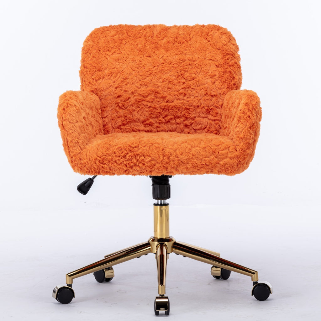 Leoglint A&A Furniture Office Chair,Artificial rabbit hair Home Office Chair with Golden Metal Base,Adjustable Desk Chair Swivel Office Chair,Vanity Chair(Orange)