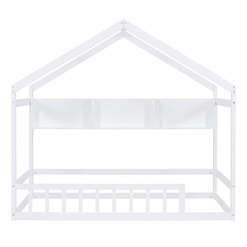 Wooden Twin Size House Bed with Storage Shelf,Kids Bed with Fence and Roof, White