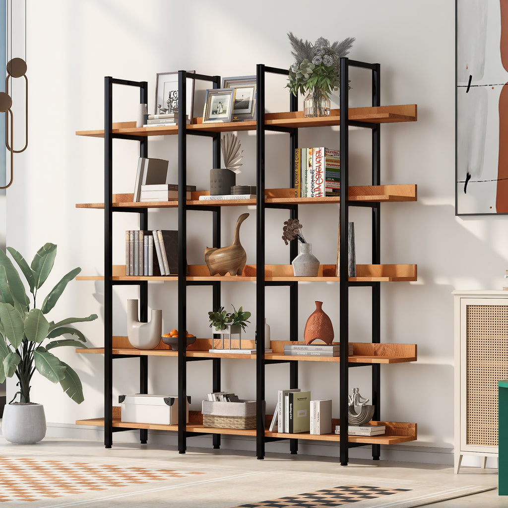 Leoglint 5 Tier Bookcase Home Office Open Bookshelf, Vintage Industrial Style Shelf, MDF Board, Black Metal Frame, Brown