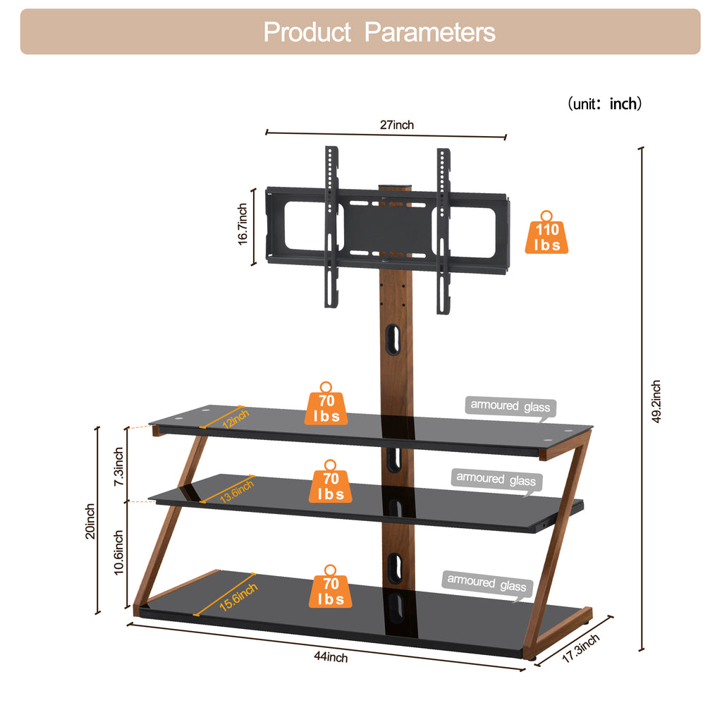 Leoglint Tv Stand,Tempered Glass Height Adjustable Universal Swivel Glass Floor Media Storage Stand With Mount Heat-Transferred Printing Metal Tube, Walnut/Black