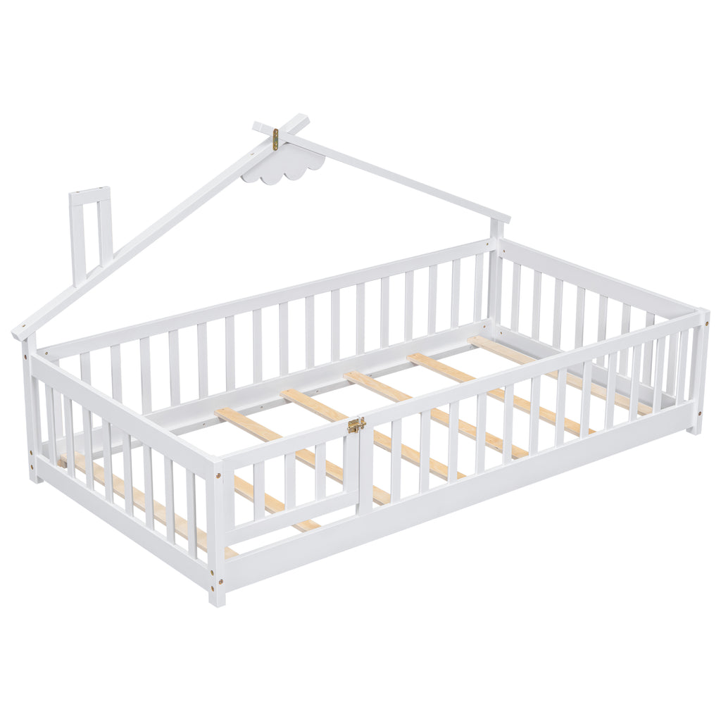 Twin House-Shaped Bedside Floor Bed Frame with Guardrails, Slats, with Door,White