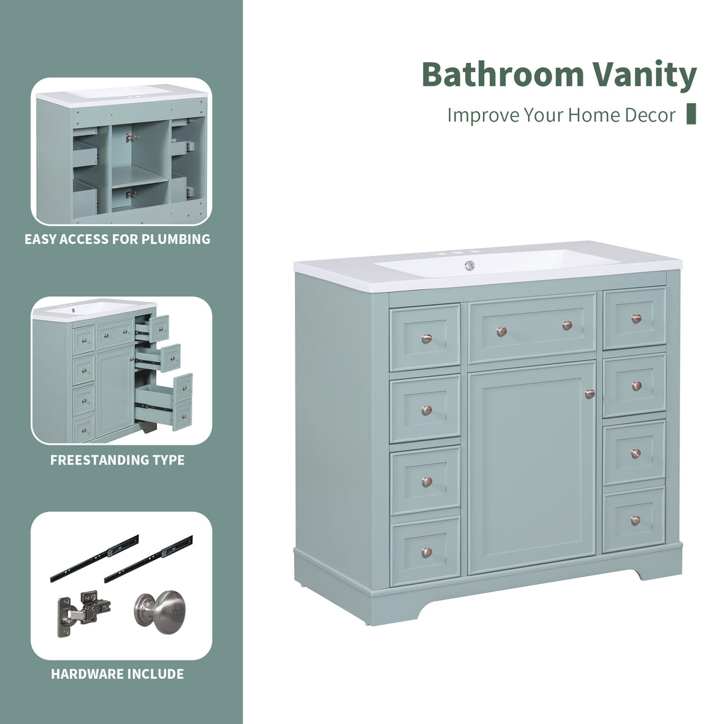 Leoglint 36" Bathroom Vanity without Sink, Cabinet Base Only, One Cabinet and Six Drawers, Green